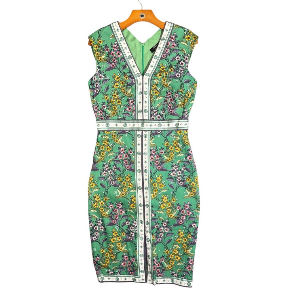 Maggy London For Melanie Lyne Green Floral Sheath Dress Bohemian Garden Party 10